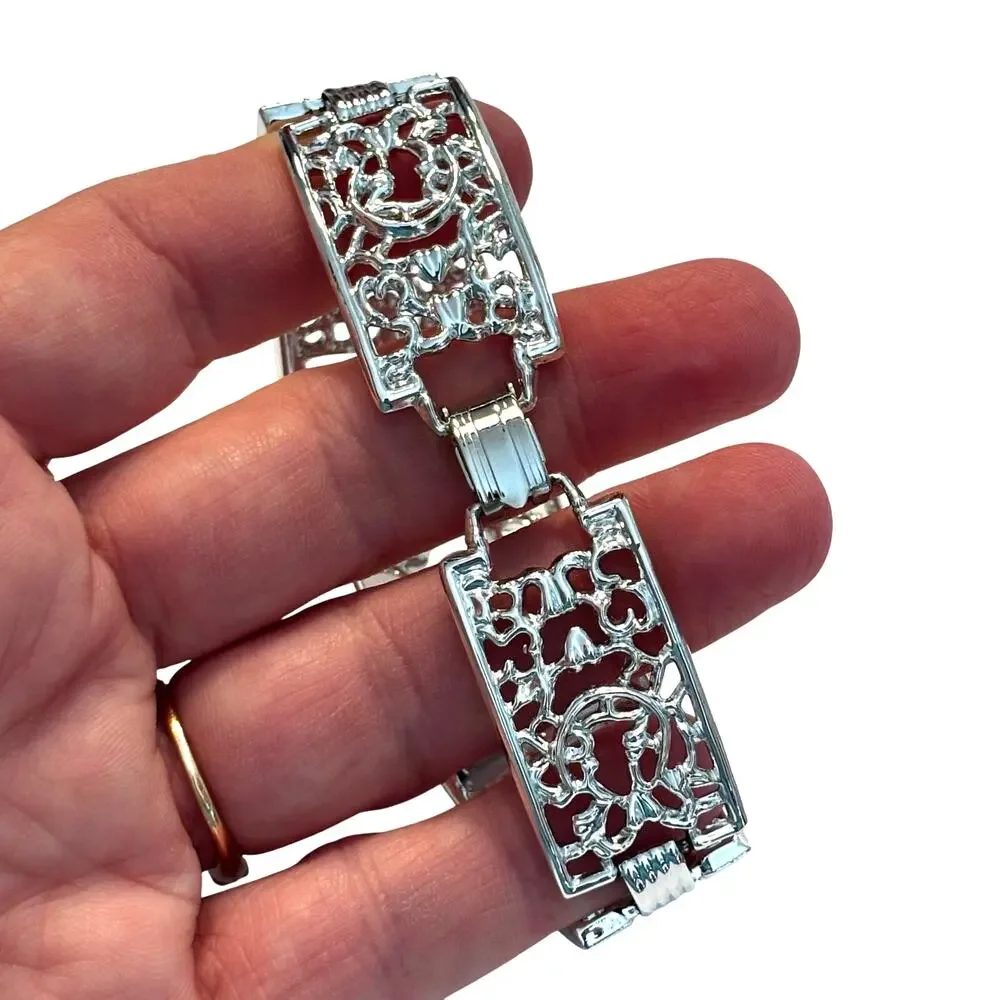 Vintage silver tone filigree chain bracelet hallmarked SAC tapered panel links